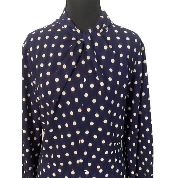 Maggy London Navy White Polka Dot Midi Dress Size 16 NWT High Neck Long Sleeve - Picture 2 of 10